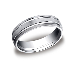 This incredible Platinum 6mm comfort-fit carved design band features a satin-finished with two high polished parallel grooves along the center.