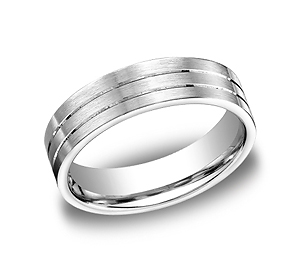 This Platinum 6mm comfort-fit satin finished carved design band features two parallel cuts along the center of the ring for a continuous pattern of style.
