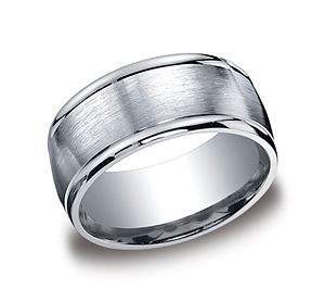 This classic Argentium Silver 10mm comfort-fit band features a satin-finished center and high polished round edges for an elegant look.