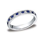 This gorgeous 3mm channel set eternity diamond band features 18 round ideal-cut diamonds and blue sapphire...