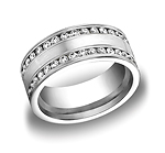 This elegant 8mm comfort-fit channel set brushed diamond eternity band features double rows of 66 round id...