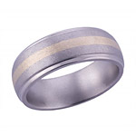 8MM DOMED TITANIUM BAND WITH GROOVED EDGES AND (1)2MM 14K YELLOW GOLD INLAY...