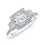 18k White Gold Square Halo Trapezoid Diamond Side Stone Engagement Ring