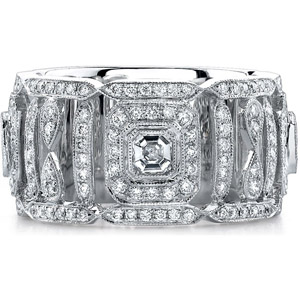 14k White Gold Pave Bezel Asscher Diamond Fashion Ring