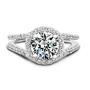 14k White Gold Pave Halo Split Shank Diamond Engagement Ring