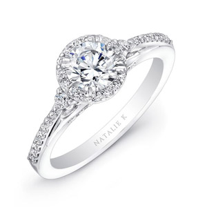 14k White Gold Three Stone Diamond Halo Engagement Semi Mount