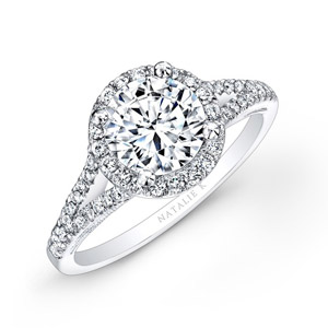 18k White Gold Split Shank Prong Halo White Diamond Engagement Ring