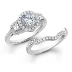 18k White Gold Three Stone Halo Baguette Diamond Bridal Ring Set