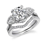 14k White Gold Three Stone Pear Shaped Diamond Bridal Ring Set