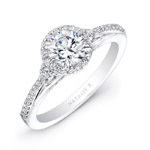 14k White Gold Three Stone Diamond Halo Engagement Semi Mount