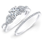 14k White Gold White Diamond Twisted Shank Bridal Set with Pear Shaped Side Stones
