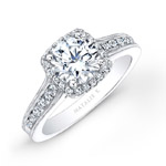 14k White Gold Pave Halo Diamond Engagement Ring with Milgrain