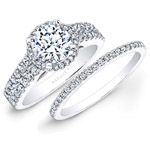 14k White Gold Prong Two Row Halo White Diamond Bridal Set